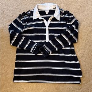 Maeve Women’s Black and White Striped Rugby Shirt with sequin shoulders